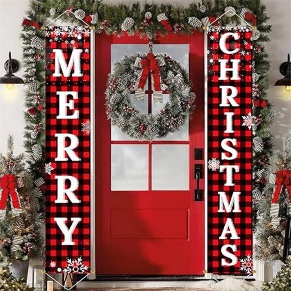 Christmas Decorations Outdoor Yard Sign Set -Red Black Buffalo Plaid Door Banner - Picture 8 of 8